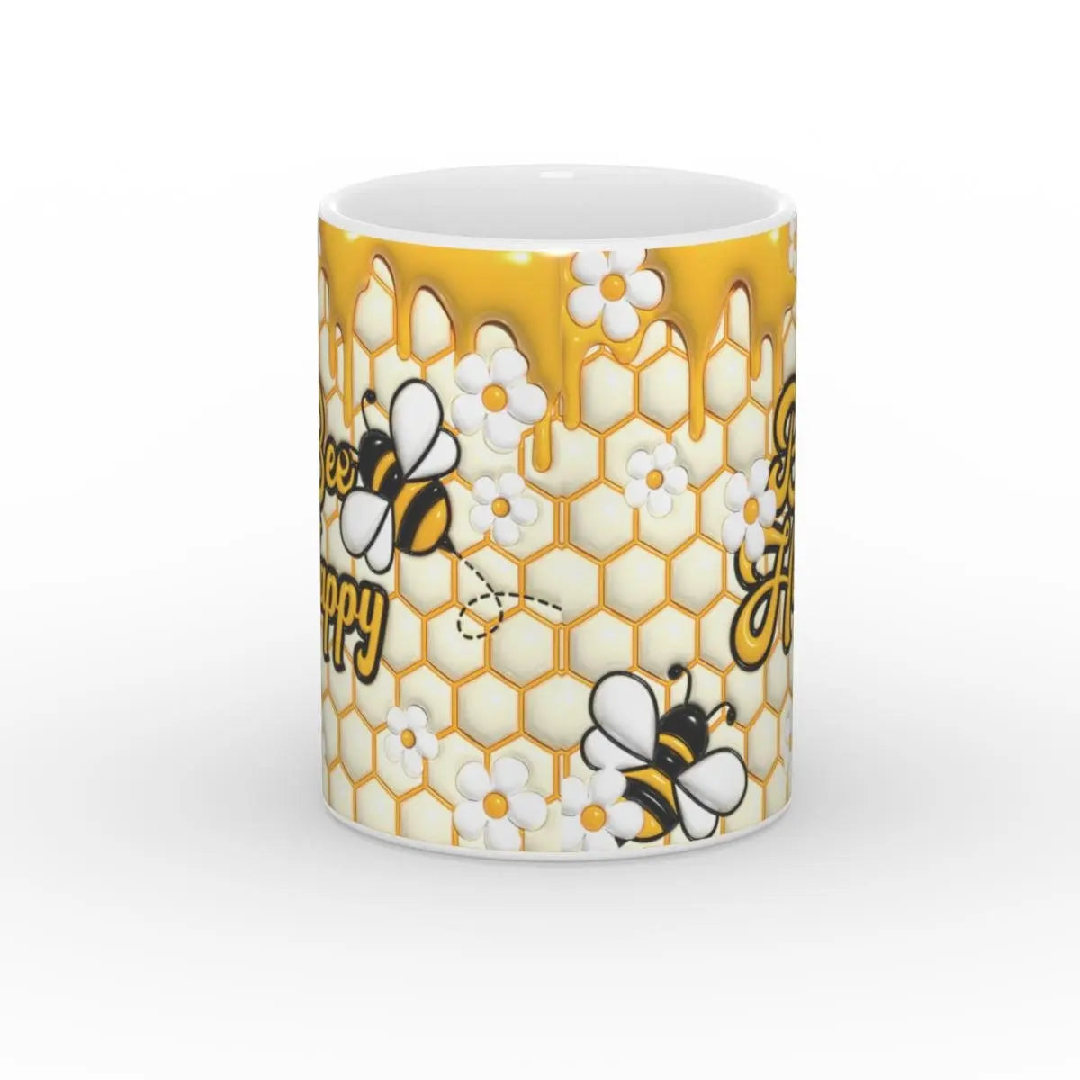 Detailansicht der Kaffeetasse mit Honig, Blüten und fliegenden Bienen