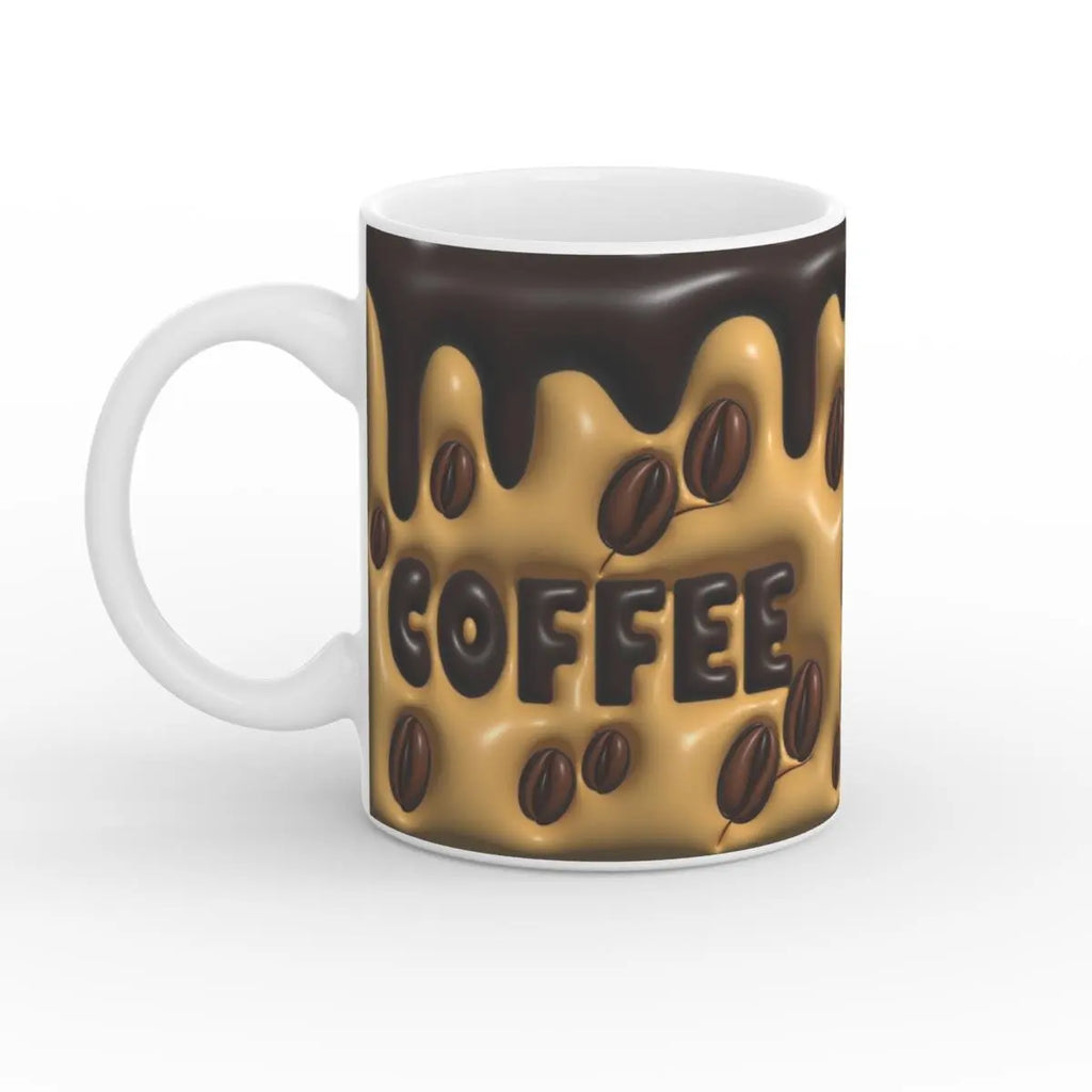 Weiße Kaffeetasse mit Schokoladen- und Kaffeebohnen-Design und dem Schriftzug ‚COFFEE