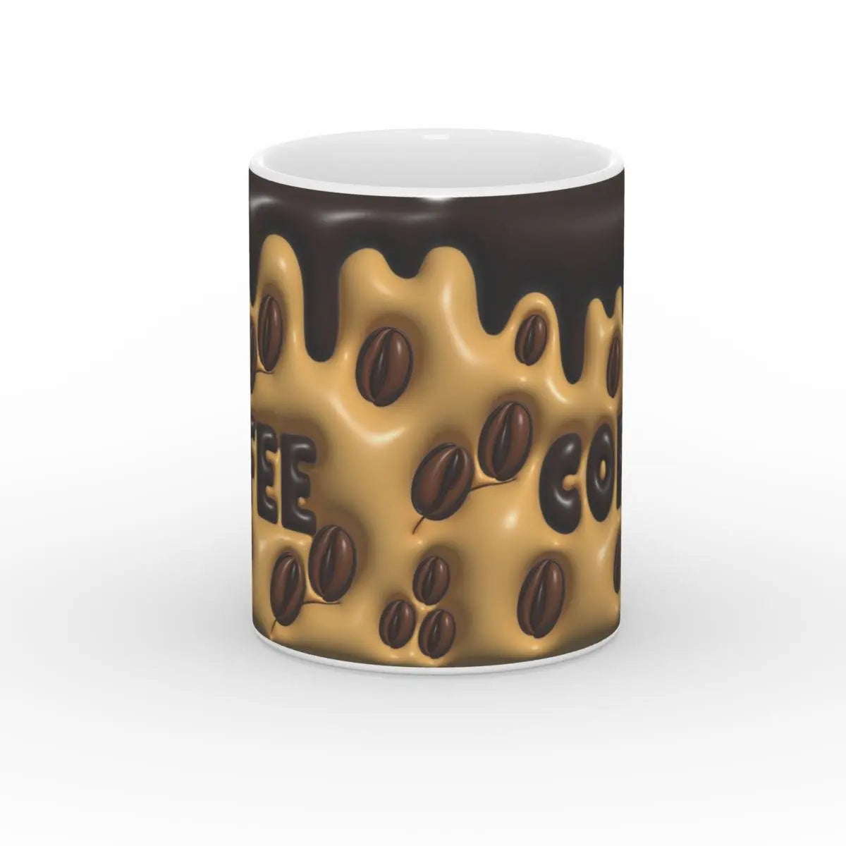 Detailansicht der Kaffeetasse mit tropfender Schokolade und Kaffeebohnen