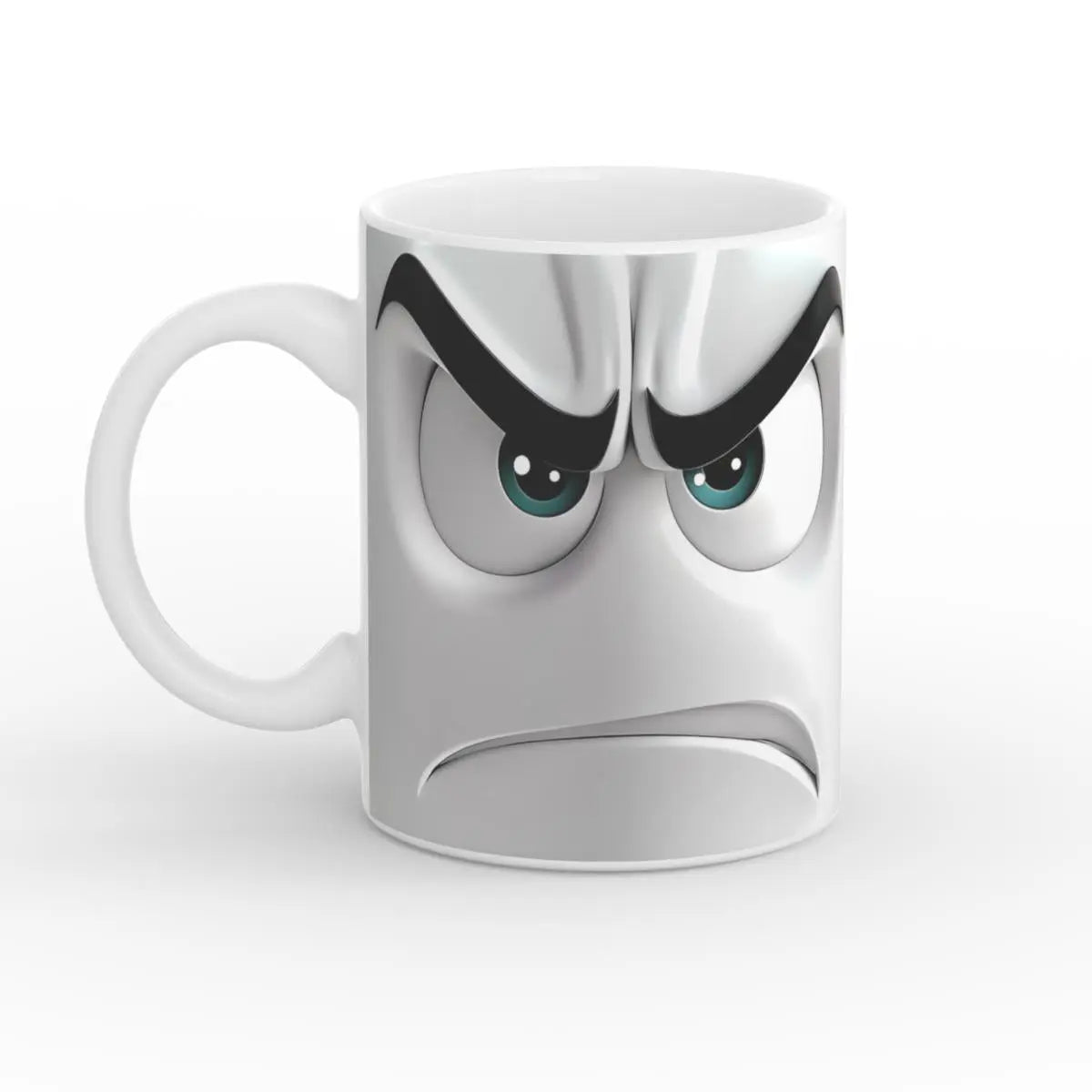 Weiße Kaffeetasse mit grimmigem Gesichtsausdruck – perfektes Geschenk für Morgenmuffel