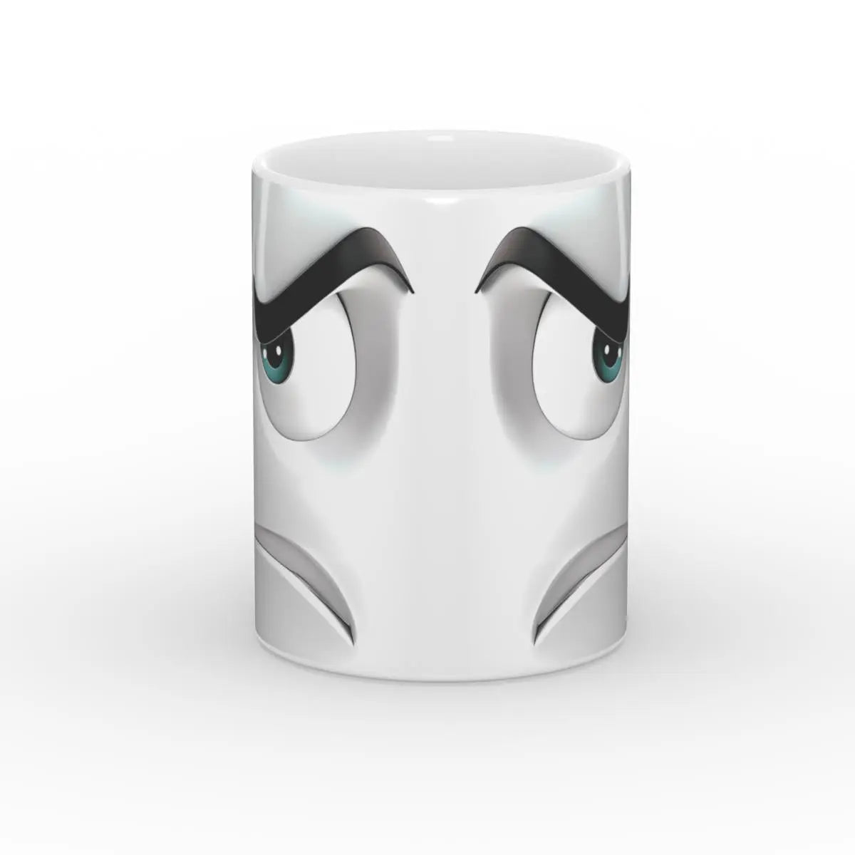Detailansicht der lustigen Tasse mit bösem Blick und hochgezogenen Augenbrauen