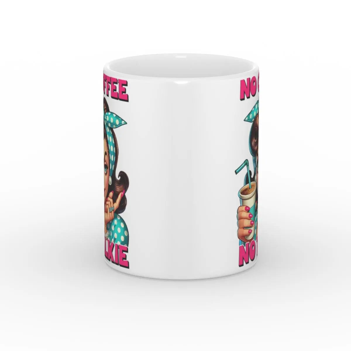 Detailansicht der Kaffeetasse mit humorvollem Kaffee-Spruch und Pin-up-Motiv