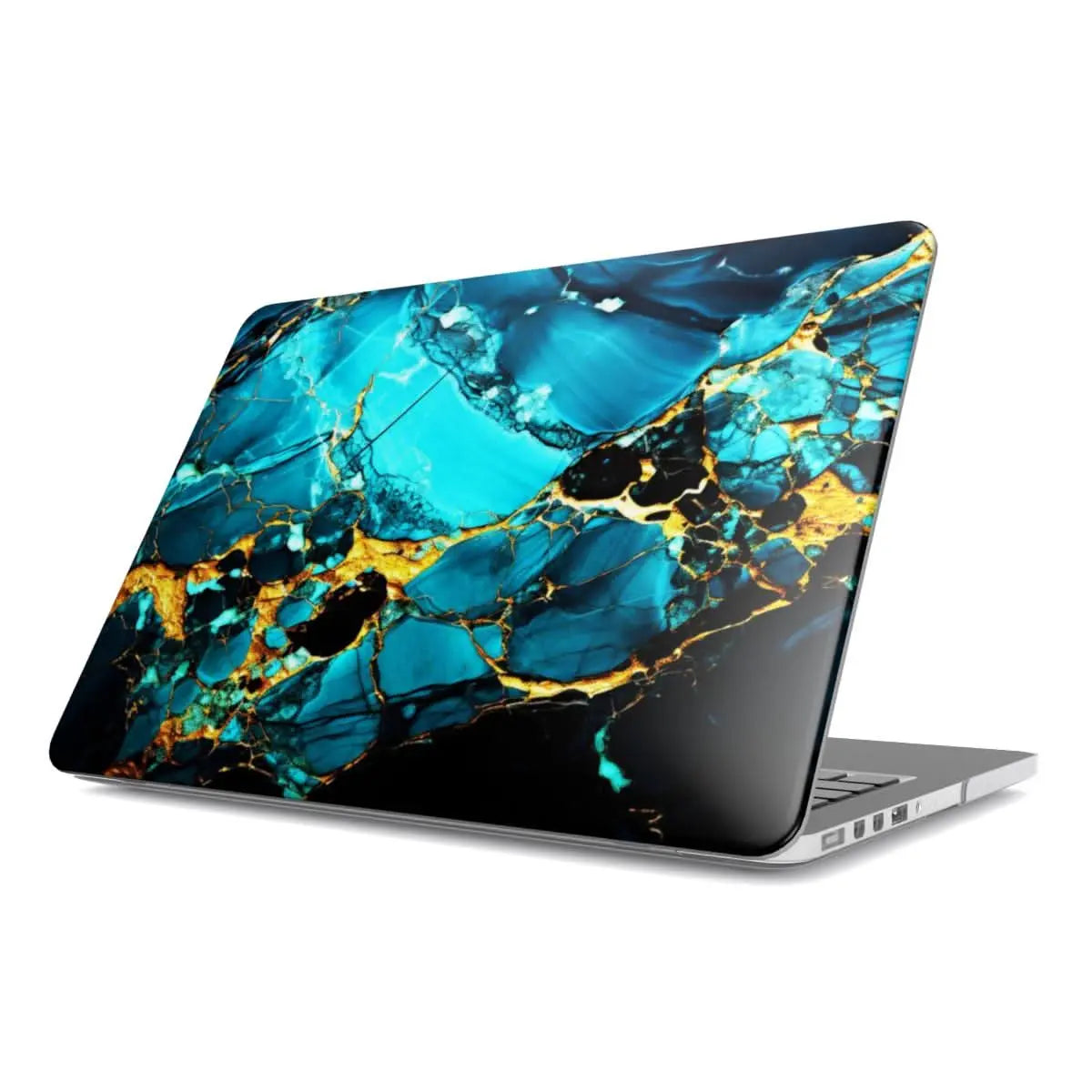MacBook-Hülle im Türkis-Gold-Marmordesign, seitliche Ansicht, zeigt das stilvolle und schützende Design für MacBooks.