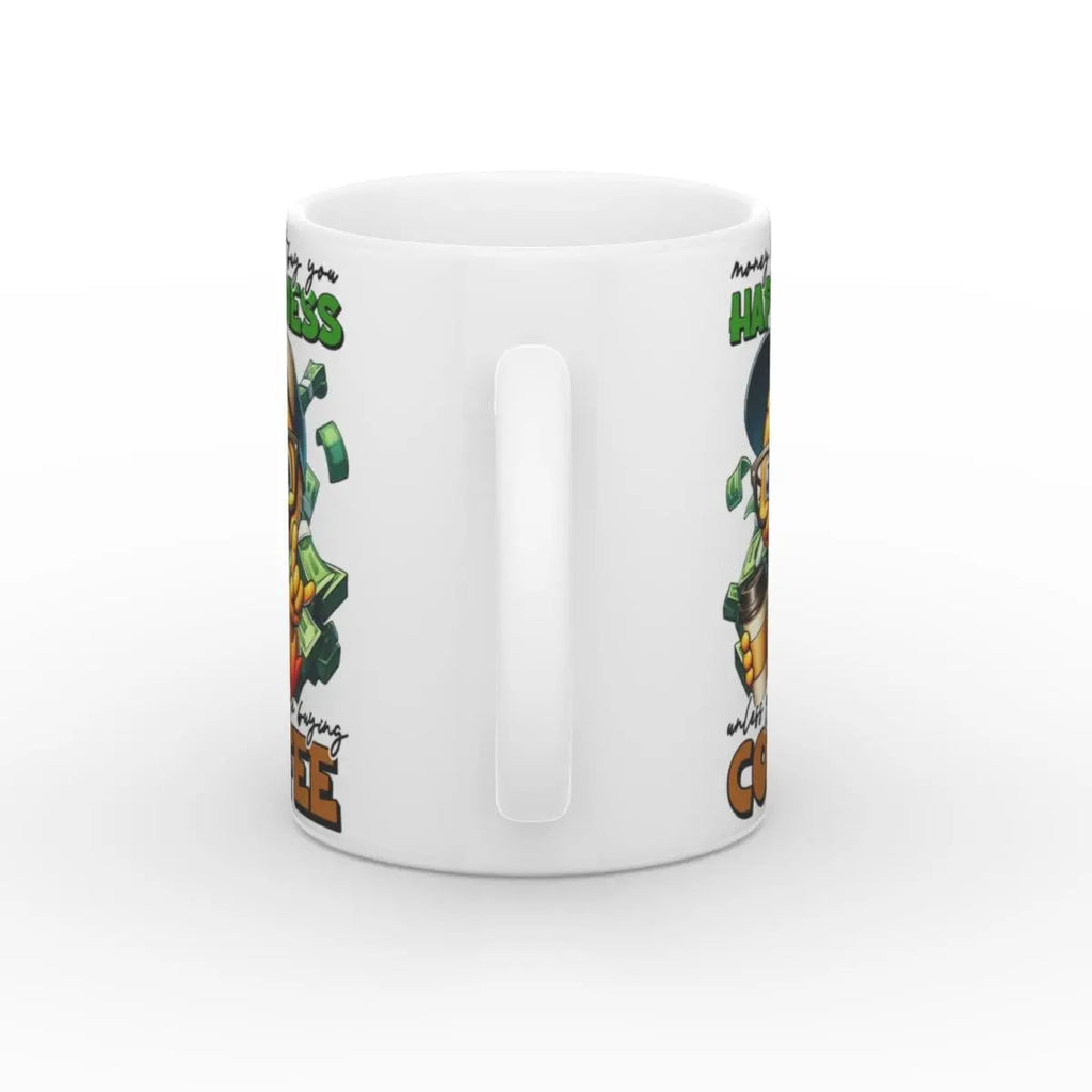 Rückansicht der Tasse, die das durchgehende Design mit Elementen der gelben Ente, Geldscheinen und einem witzigen Kaffeethema zeigt.
