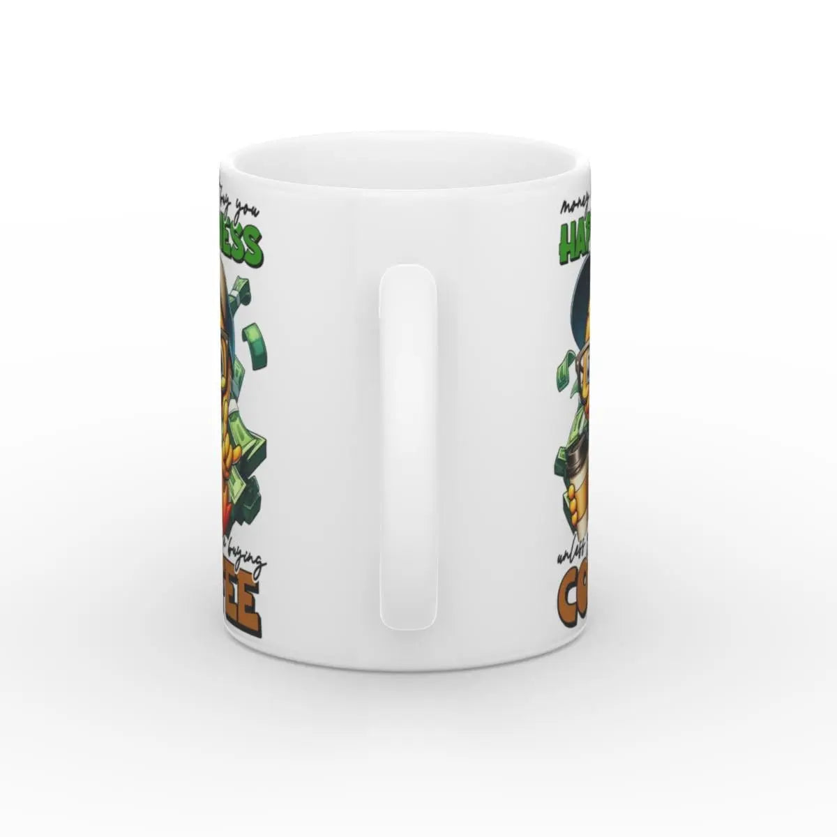 Rückansicht der Tasse, die das durchgehende Design mit Elementen der gelben Ente, Geldscheinen und einem witzigen Kaffeethema zeigt.