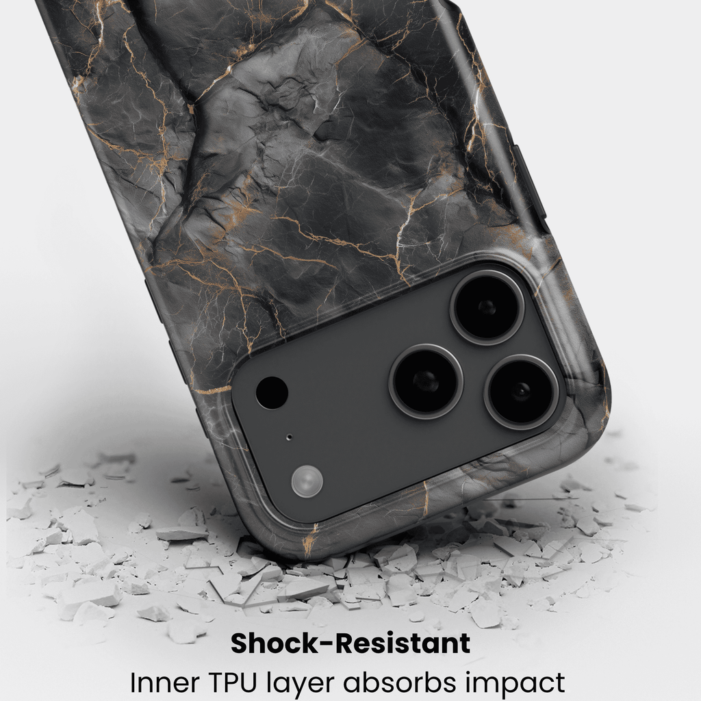 Stoßfeste Marmor-Design Handyhülle „Obsidian Veins“ – Nahaufnahme mit Kameraschutz