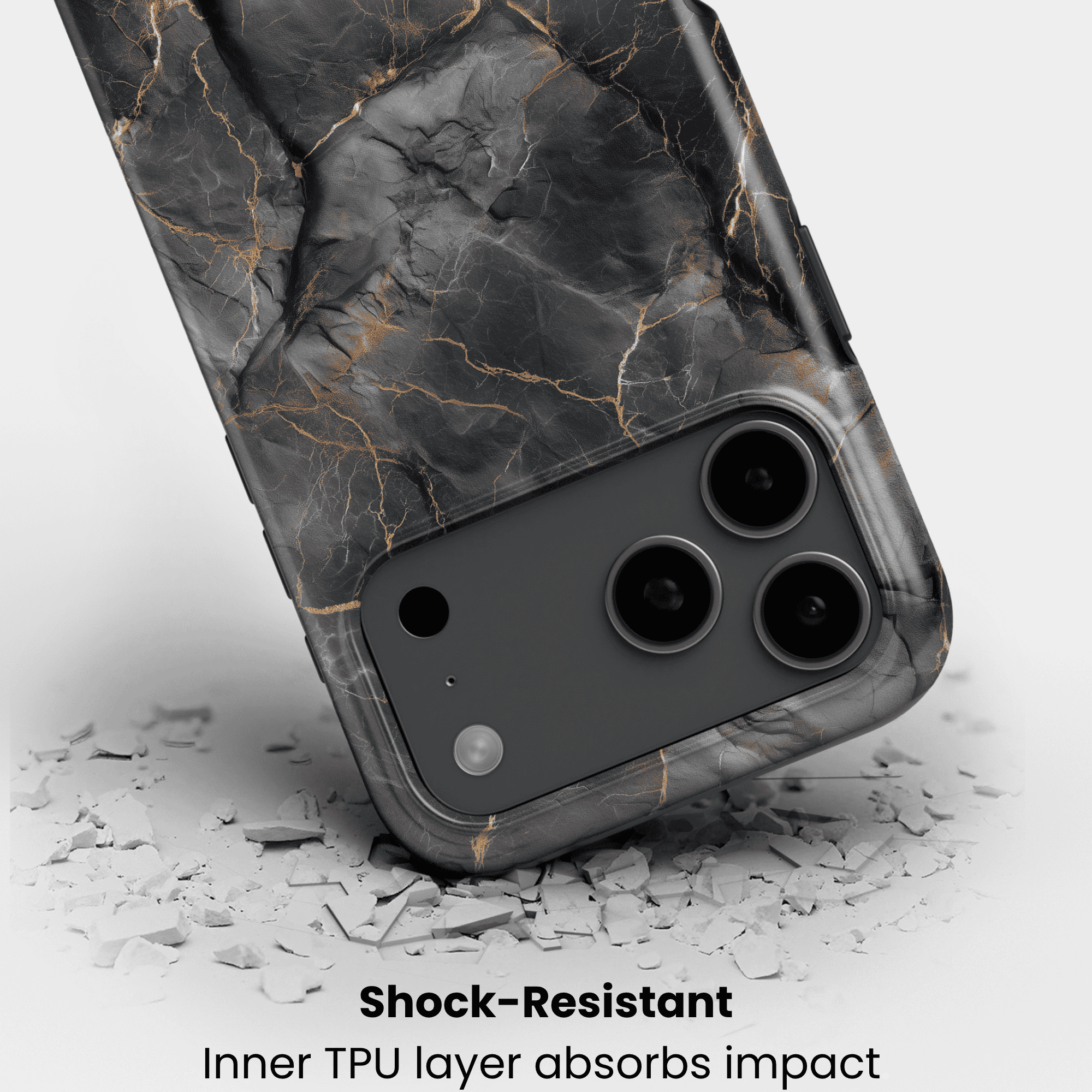 Stoßfeste Marmor-Design Handyhülle „Obsidian Veins“ – Nahaufnahme mit Kameraschutz