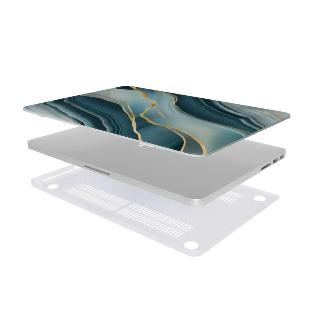 Explosionsansicht der MacBook Hülle – kratzfest und belüftet im Jade-Marmor-Design