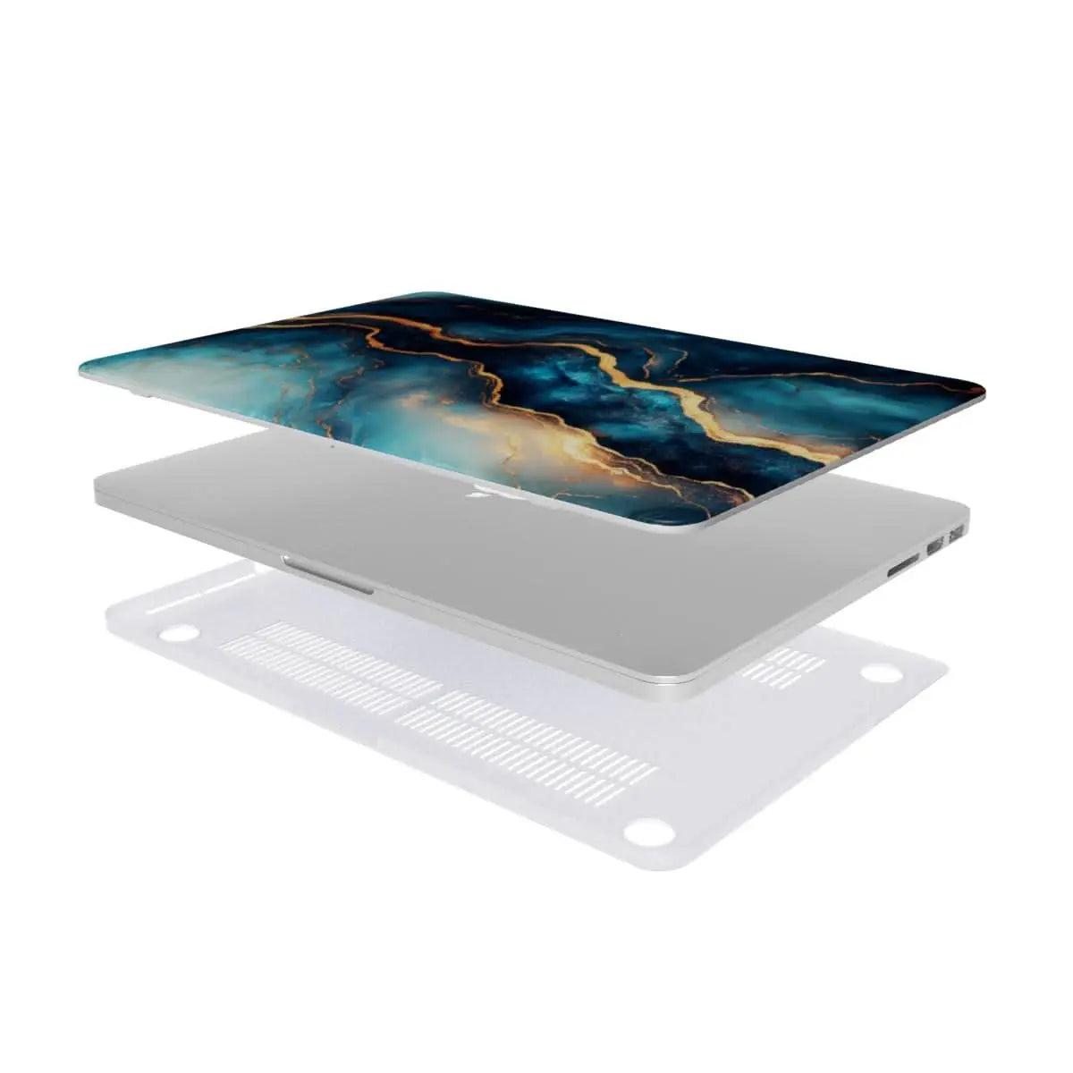 Explosionsansicht der MacBook Hülle im tiefblauen Marmor-Design – Schutz und Belüftung