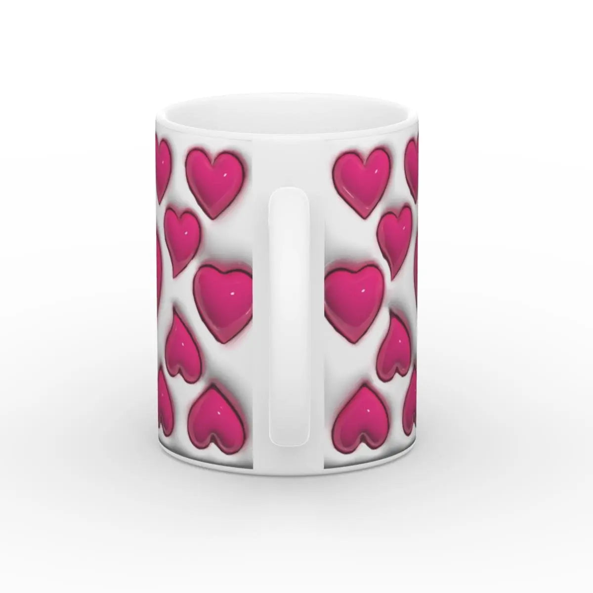 Detailaufnahme der Tasse mit rosa Herzen, glänzende Oberfläche, spülmaschinenfest