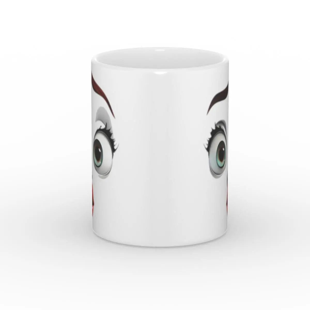 Ansicht der Tasse von vorne, zeigt das lustige, erstaunte Gesicht mit großen Augen und roten Lippen.