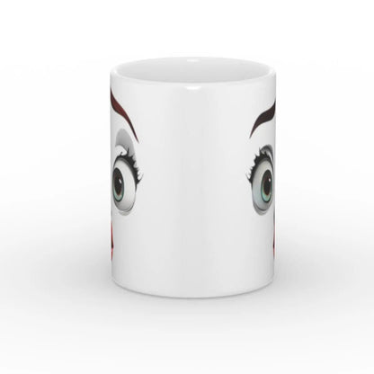 Ansicht der Tasse von vorne, zeigt das lustige, erstaunte Gesicht mit großen Augen und roten Lippen.
