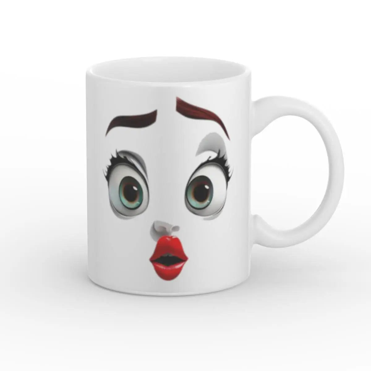 Weiße Kaffeetasse mit erstaunten Gesichtszügen, ideal als Geschenk für Freunde und Familie.