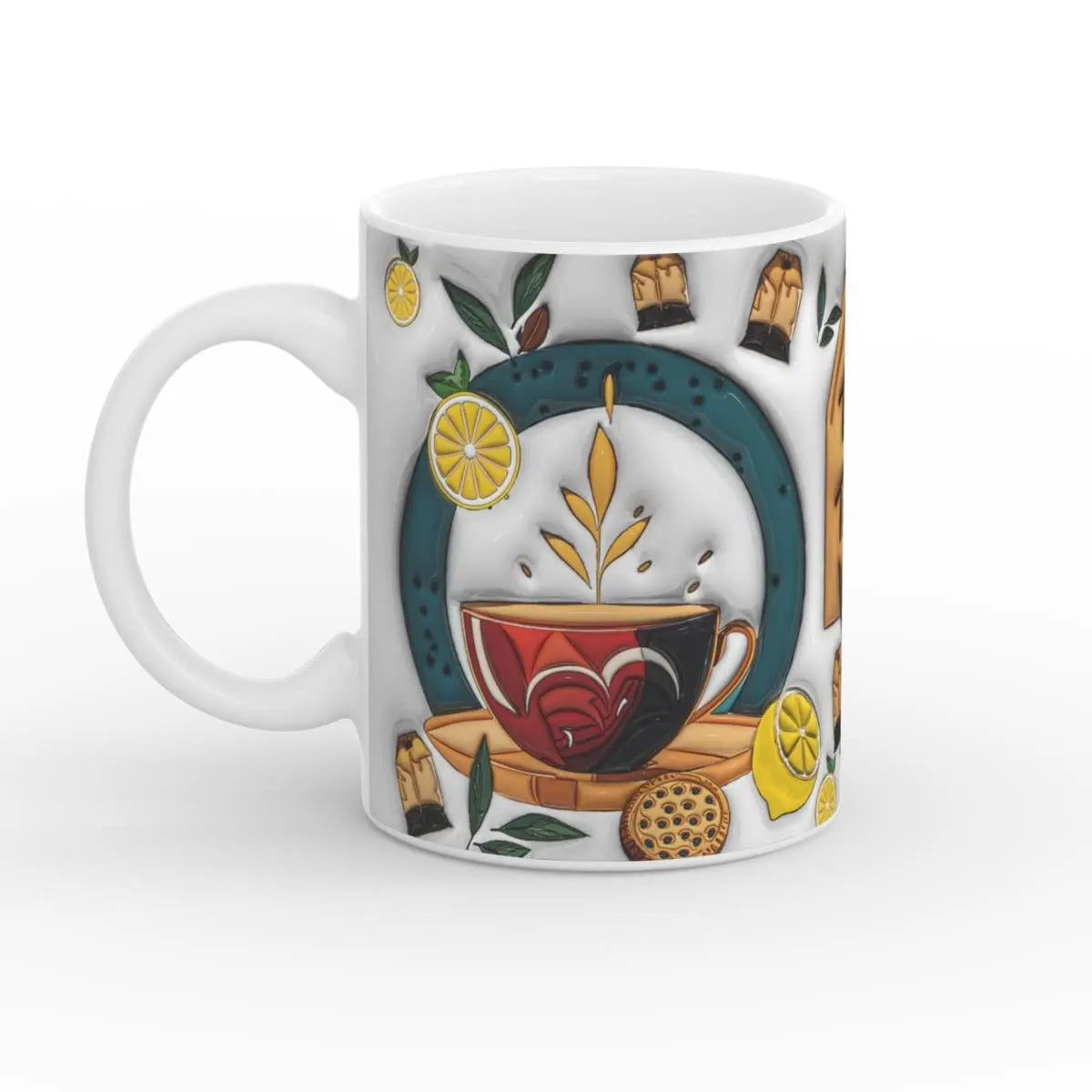 Weiße Keramik-Tasse mit stilvollem Tea Time Design, verziert mit Teetasse, Zitronenscheiben und Teeblättern.
