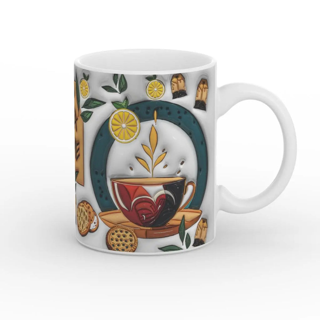 Hochwertige Keramik-Tasse mit kunstvollem Tee-Motiv, inklusive dampfender Tasse und Zitronenscheiben.
