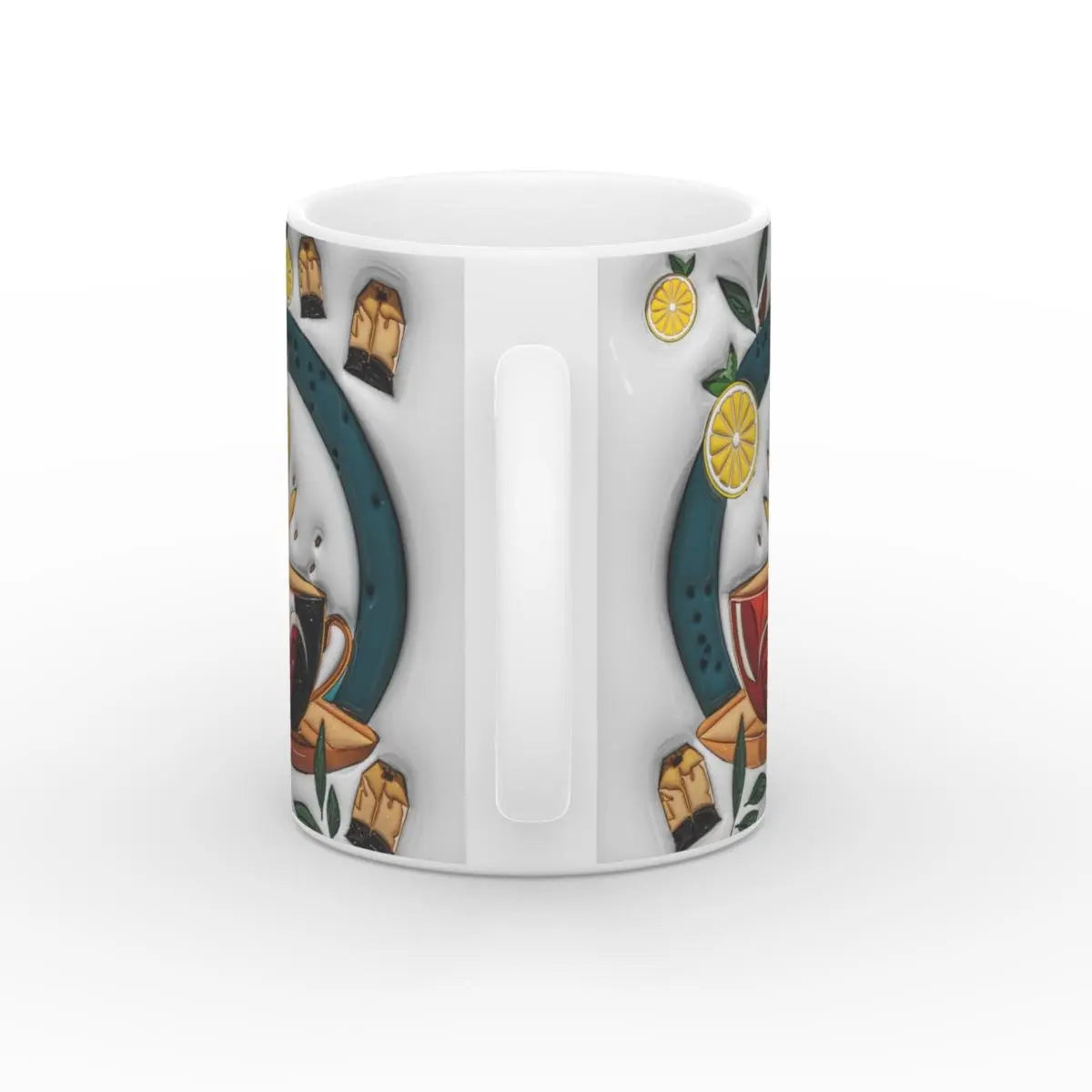 Rückansicht der stilvollen Tea Time Tasse mit dekorativen Teeblättern und Teebeuteln.