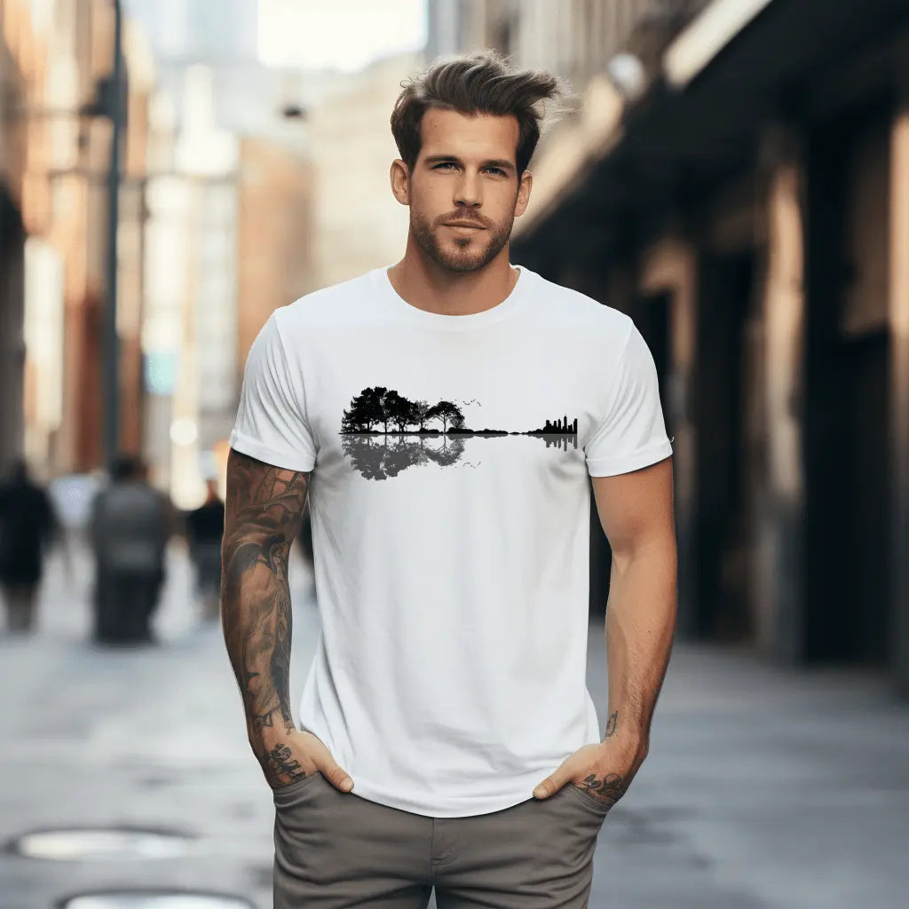 Gitarre trifft Natur – Musik T-Shirt für Männer & Frauen | Wald & Skyline Design - ElmunoT-Shirt