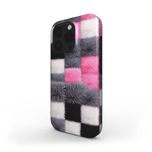 Flauschige Handyhülle – Karo Pink Grau | Stoßfest - ElmunoTech Accessories